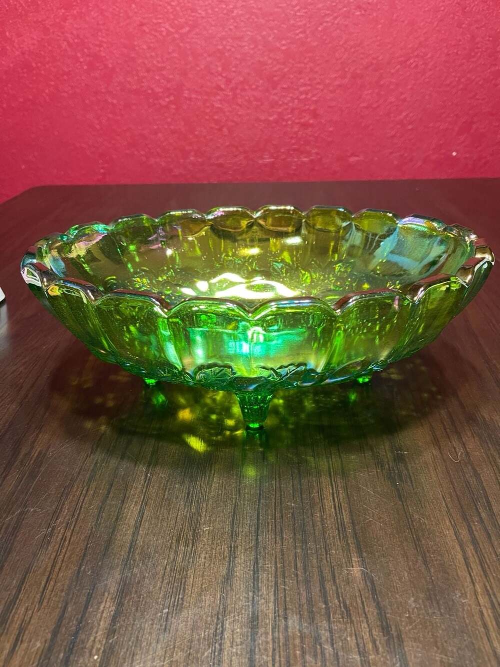 Vntg Indiana Glass Iridescent Lime Green Carnival Glass Footed Bowl